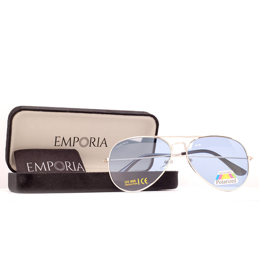 Emporia Italy - Pilóta Napszemüveg "JÉG", polarizált UV szűrős napszemüveg tokkal és tisztítókendővel, világoskék lencsék, ezüst színű keret