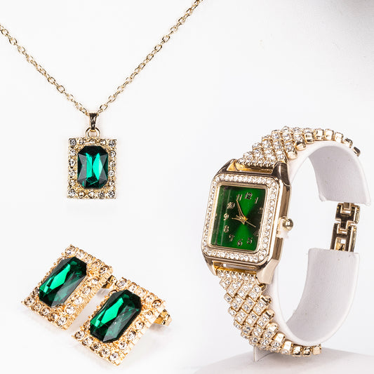 Arany tónusú Emporia Ötvözetű Óra Zöld Emporia® Kristállyal és Fehér Emporia® Kristállyal ( Nyaklánc+Fülbevaló+Medál )