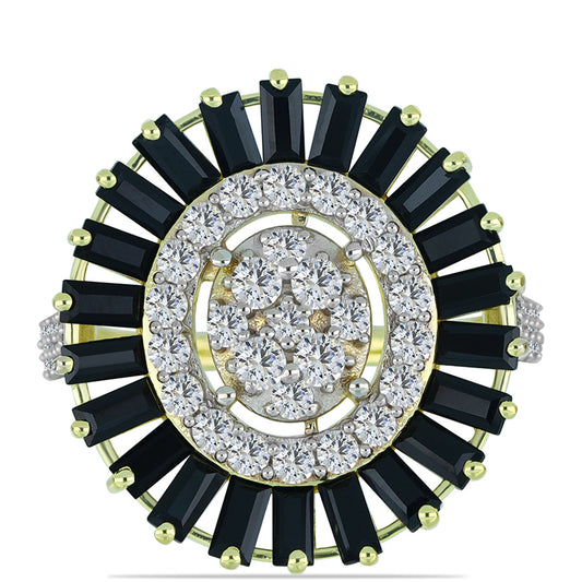 Arannyal Bevont Ezüst Gyűrű Obszidiánnal és Fehér Topázzal