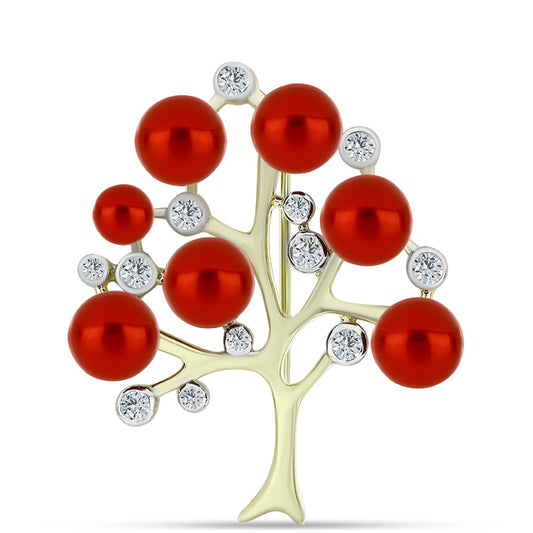 Arannyal Bevont Ezüst Bross Vörös Édesvízi Kagylógyönggyel és Fehér Topázzal