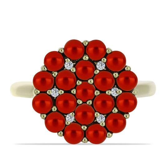 Arannyal Bevont Ezüst Gyűrű Vörös Édesvízi Kagylógyönggyel és Fehér Topázzal