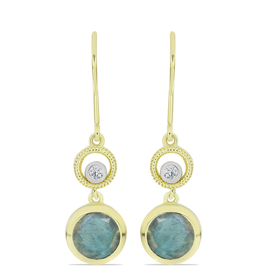 Arannyal Bevont Ezüst Fülbevaló Labradorittal és Fehér Topázzal