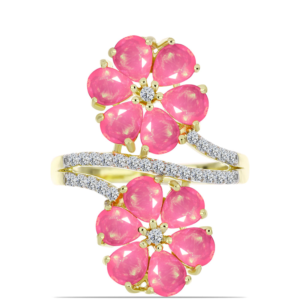 Arannyal Bevont Ezüst Gyűrű Rózsaszínű Lega Dembi Etióp Opállal és Fehér Topázzal