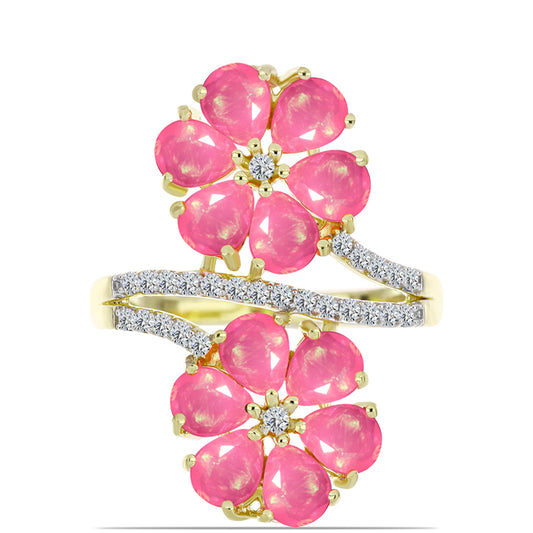 Arannyal Bevont Ezüst Gyűrű Rózsaszínű Lega Dembi Etióp Opállal és Fehér Topázzal