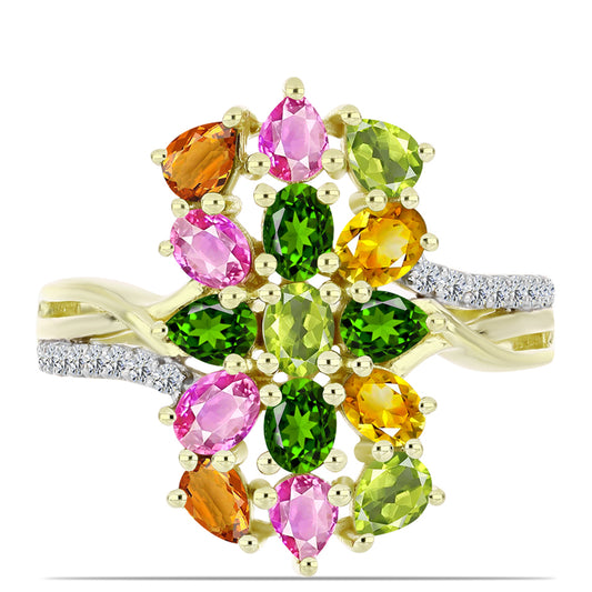 Arannyal Bevont Ezüst Gyűrű Csakra Tourmalinnal és Fehér Topázzal