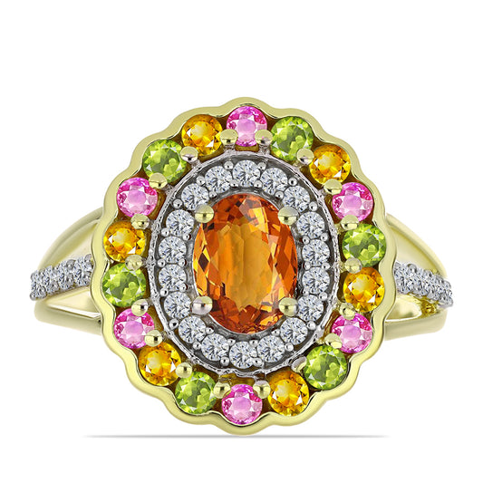 Arannyal Bevont Ezüst Gyűrű Csakra Tourmalinnal és Fehér Topázzal