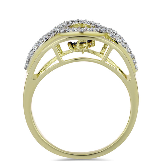 Arannyal Bevont Ezüst Gyűrű Kék Táncoló Gyémánttal és Fehér Topázzal