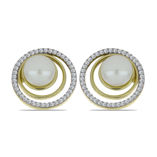 Arannyal Bevont Ezüst Fülbevaló Fehér Édesvízi Kagylógyönggyel és Fehér Topázzal
