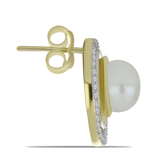 Arannyal Bevont Ezüst Fülbevaló Fehér Édesvízi Kagylógyönggyel és Fehér Topázzal