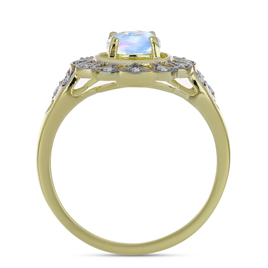 Arannyal Bevont Ezüst Gyűrű Szivárvány Holdkővel és Fehér Topázzal