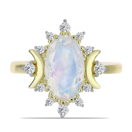 Arannyal Bevont Ezüst Gyűrű Szivárvány Holdkővel és Fehér Topázzal