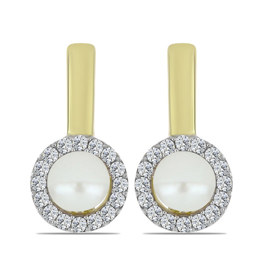 Arannyal Bevont Ezüst Fülbevaló Fehér Édesvízi Kagylógyönggyel és Fehér Topázzal