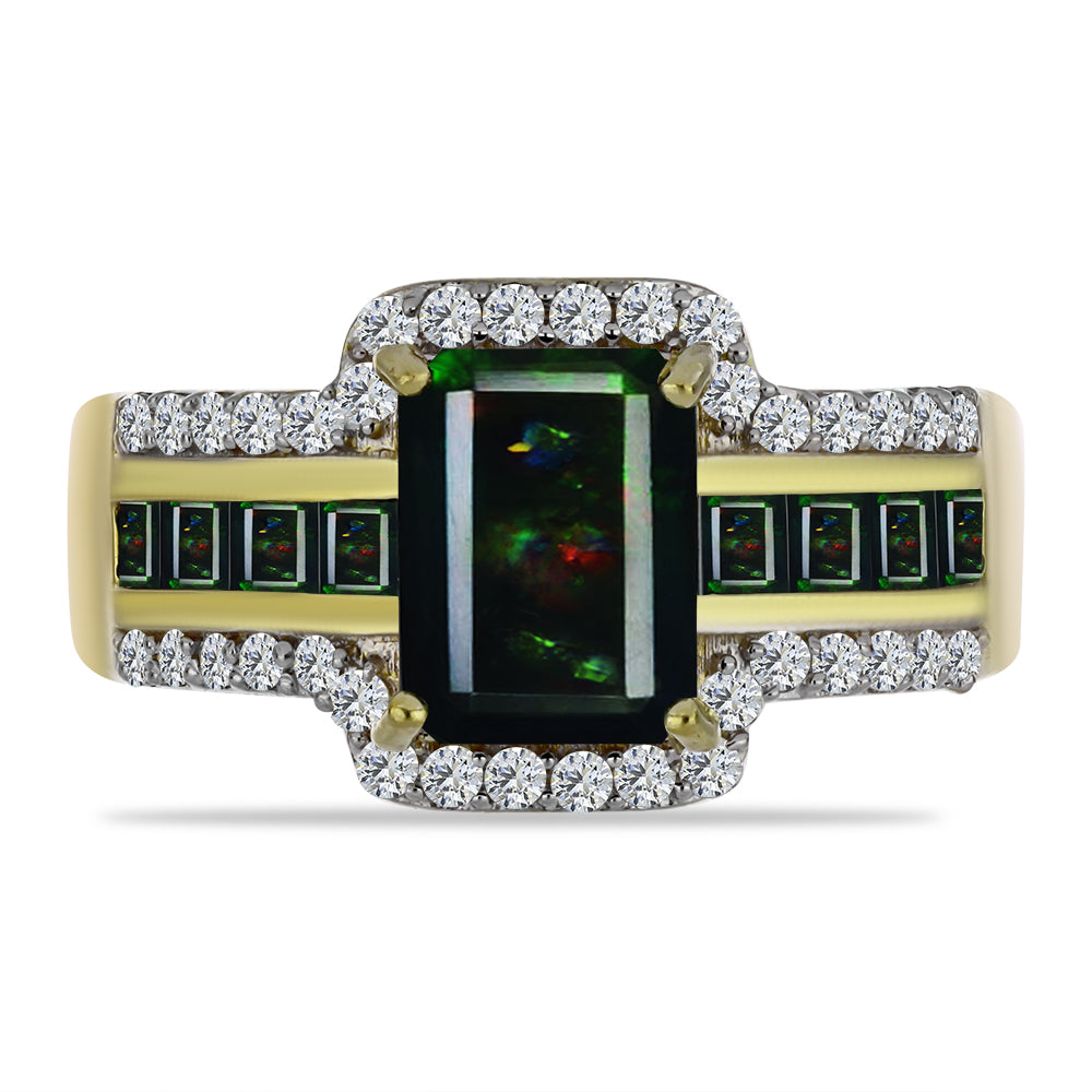 Arannyal Bevont Ezüst Gyűrű Lega Dembi Éjfekete Etiópiai Opállal és Fekete Spinellel