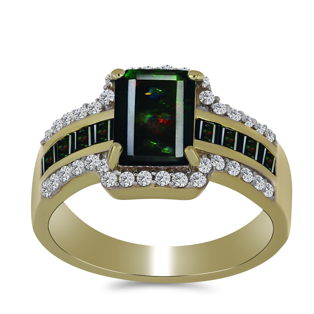 Arannyal Bevont Ezüst Gyűrű Lega Dembi Éjfekete Etiópiai Opállal és Fekete Spinellel