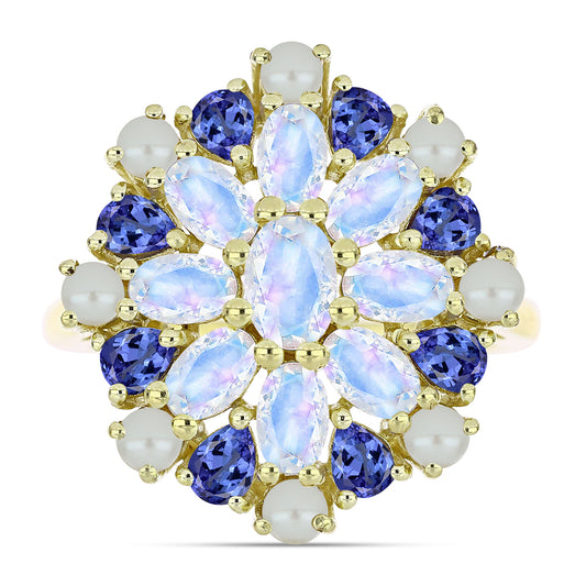 Arannyal Bevont Ezüst Gyűrű Fehér Édesvízi Kagylógyönggyel és Tanzanittal