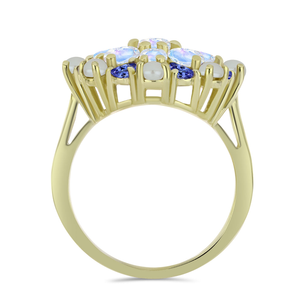 Arannyal Bevont Ezüst Gyűrű Fehér Édesvízi Kagylógyönggyel és Tanzanittal 2 