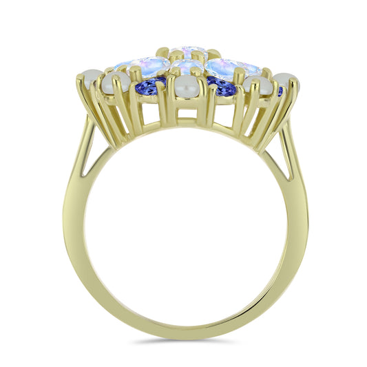 Arannyal Bevont Ezüst Gyűrű Fehér Édesvízi Kagylógyönggyel és Tanzanittal