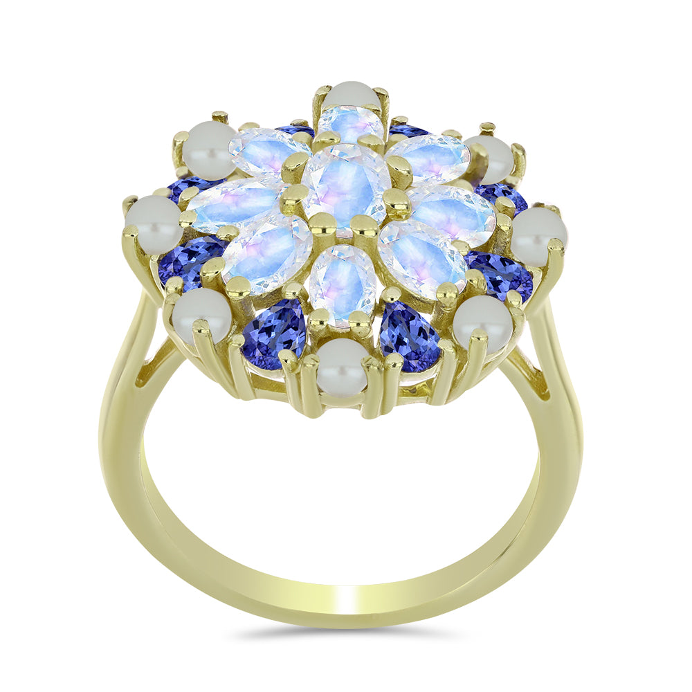 Arannyal Bevont Ezüst Gyűrű Fehér Édesvízi Kagylógyönggyel és Tanzanittal