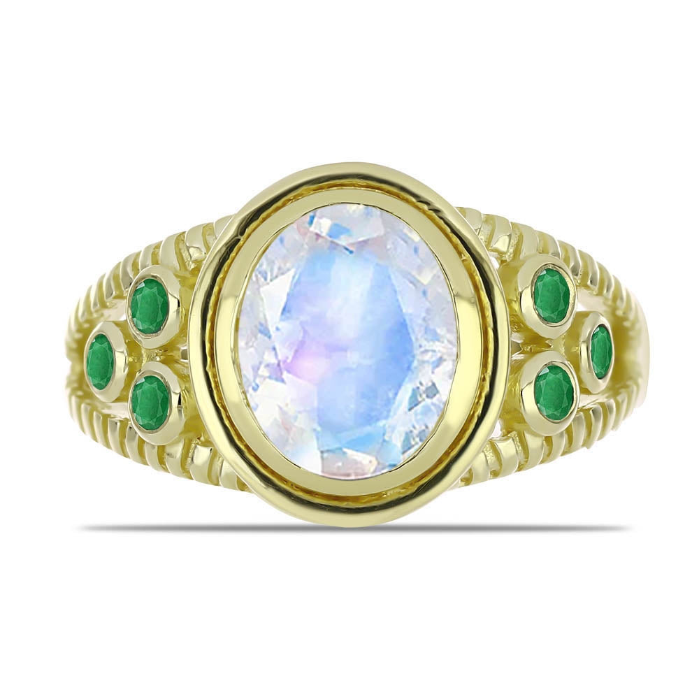 Arannyal Bevont Ezüst Gyűrű Szivárvány Holdkővel és Brazil Smaragddal
