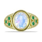Arannyal Bevont Ezüst Gyűrű Szivárvány Holdkővel és Brazil Smaragddal