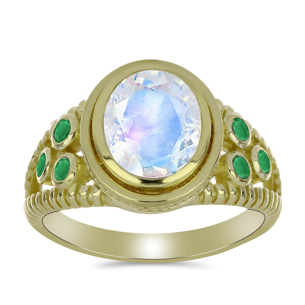 Arannyal Bevont Ezüst Gyűrű Szivárvány Holdkővel és Brazil Smaragddal