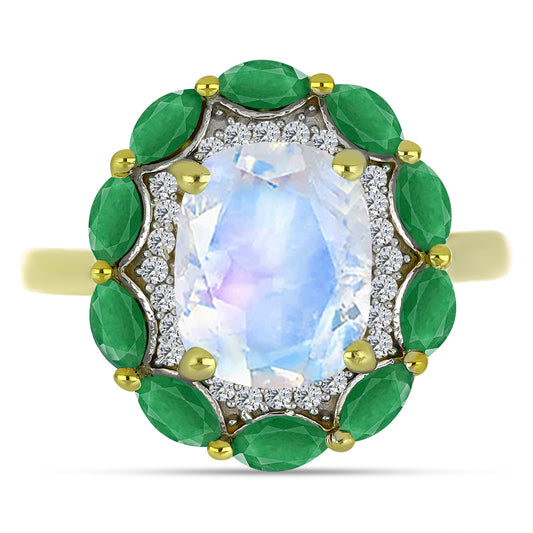 Arannyal Bevont Ezüst Gyűrű Szivárvány Holdkővel és Brazil Smaragddal
