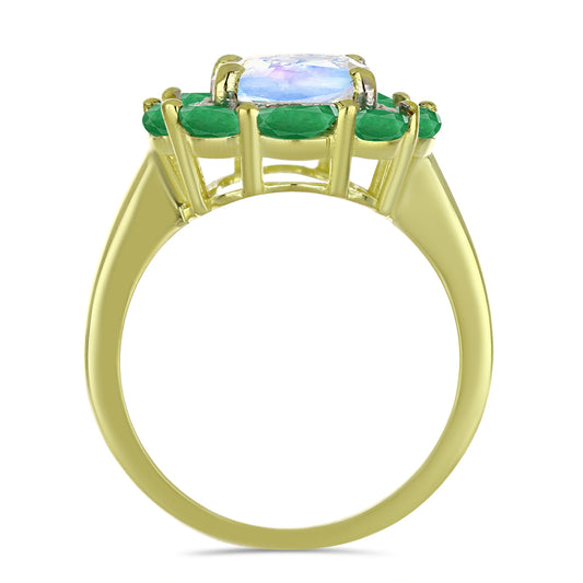 Arannyal Bevont Ezüst Gyűrű Szivárvány Holdkővel és Brazil Smaragddal