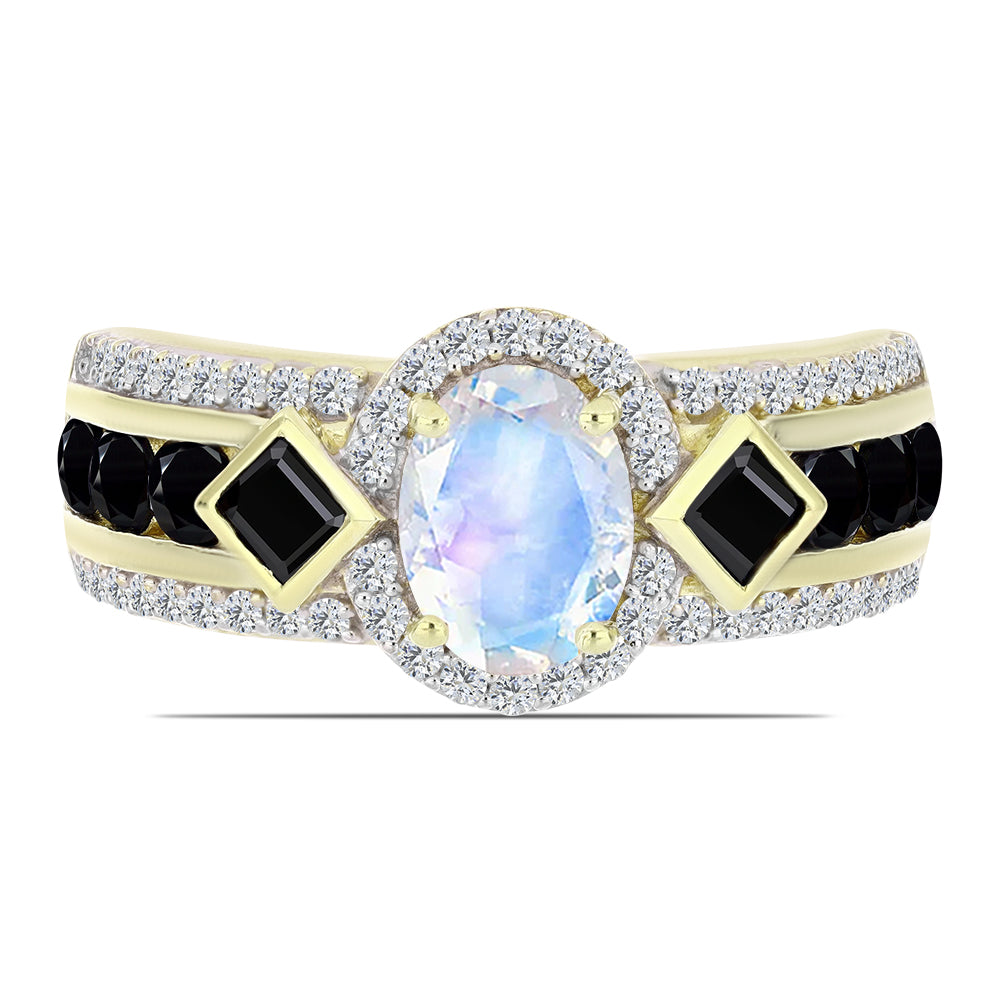 Arannyal Bevont Ezüst Gyűrű Szivárvány Holdkővel és Fekete Spinellel 1 