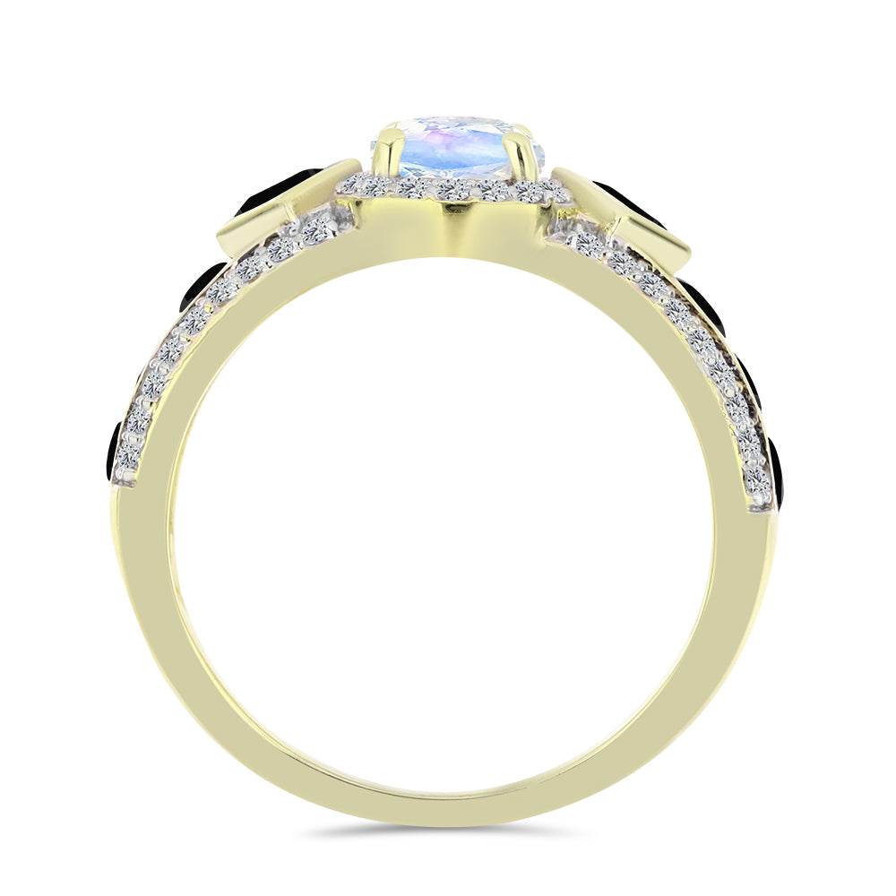 Arannyal Bevont Ezüst Gyűrű Szivárvány Holdkővel és Fekete Spinellel 2 