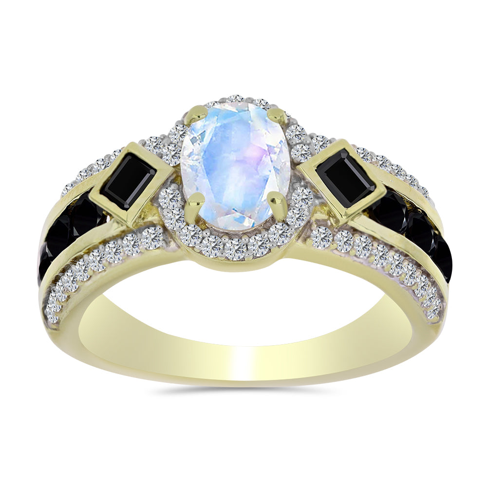 Arannyal Bevont Ezüst Gyűrű Szivárvány Holdkővel és Fekete Spinellel