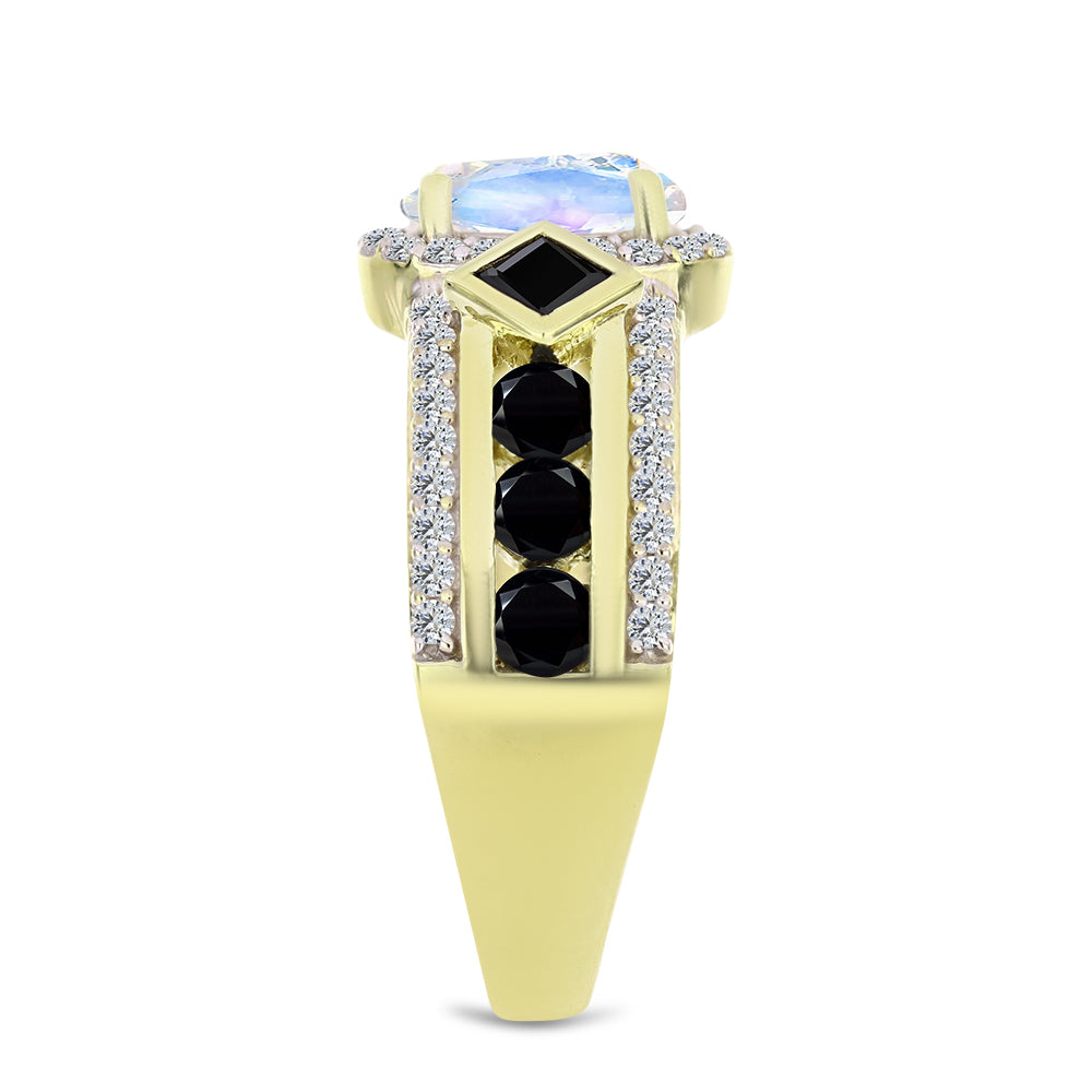 Arannyal Bevont Ezüst Gyűrű Szivárvány Holdkővel és Fekete Spinellel