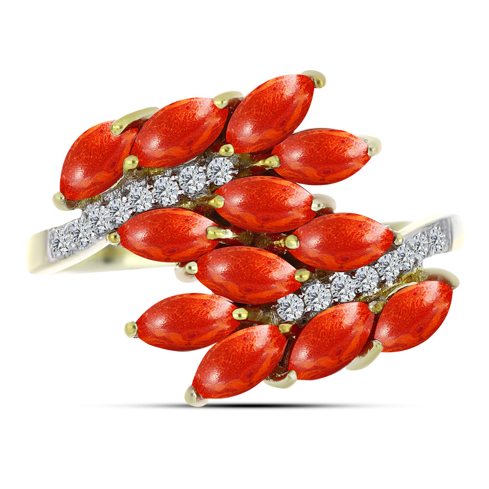 Arannyal Bevont Ezüst Gyűrű Vörös Szivacs Korallal és Fehér Topázzal 1 