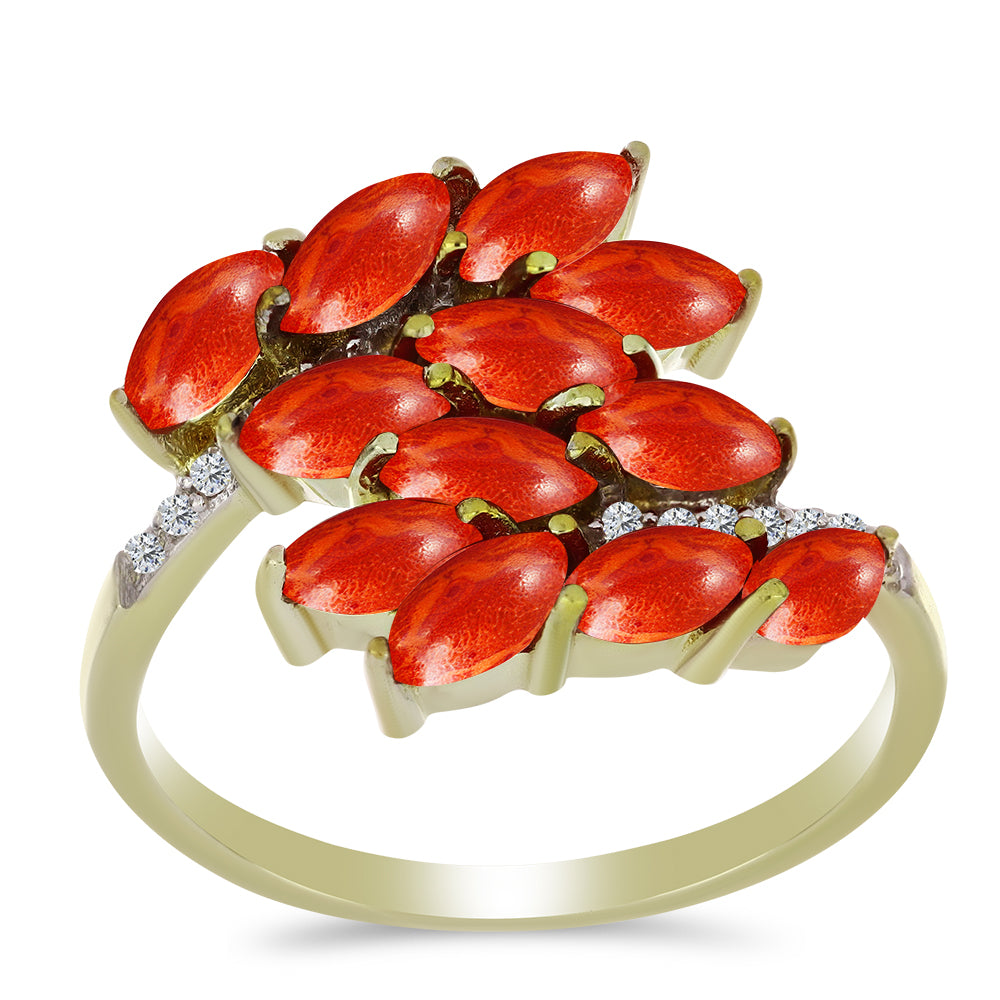 Arannyal Bevont Ezüst Gyűrű Vörös Szivacs Korallal és Fehér Topázzal