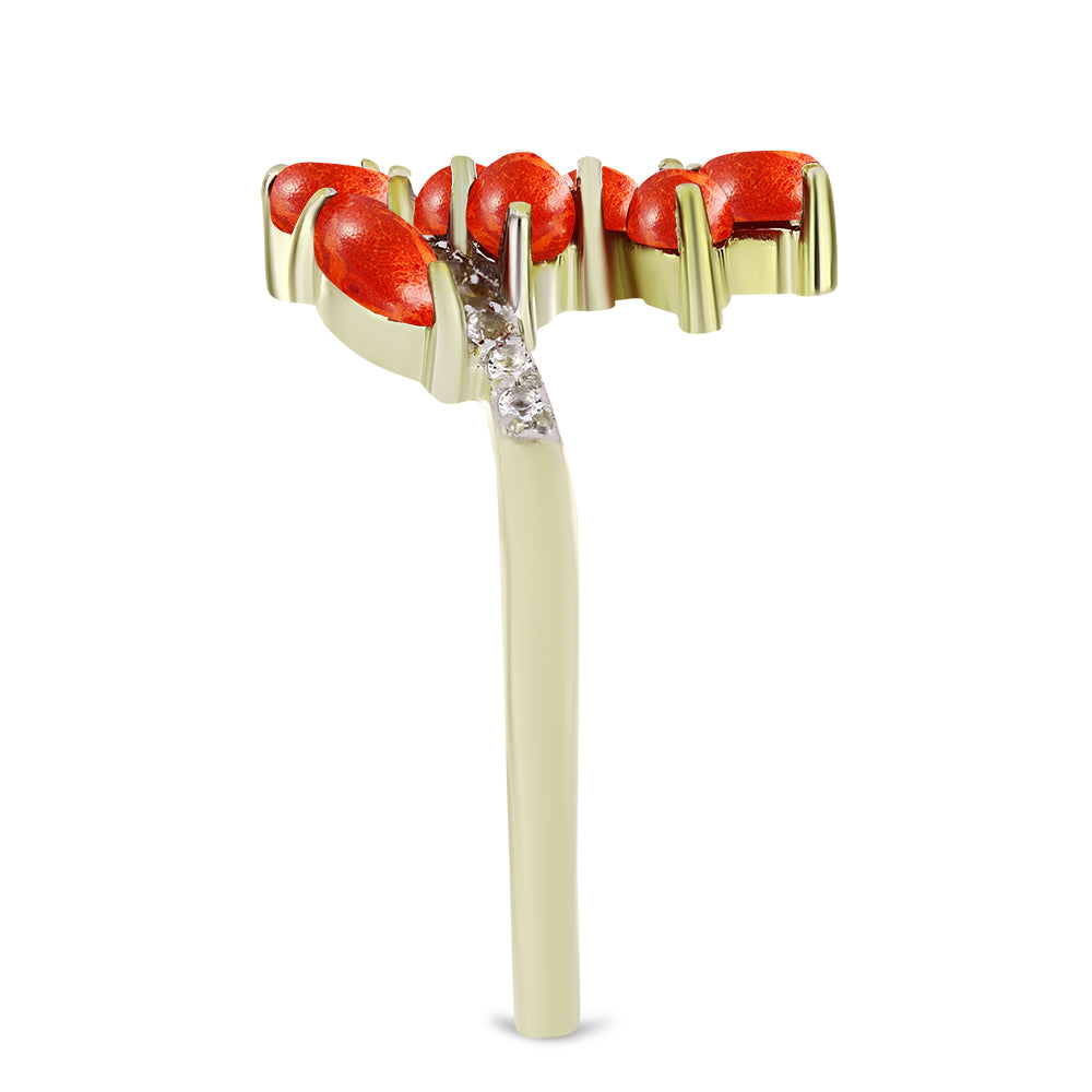 Arannyal Bevont Ezüst Gyűrű Vörös Szivacs Korallal és Fehér Topázzal