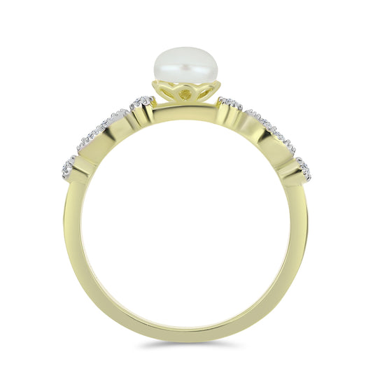 Arannyal Bevont Ezüst Gyűrű Fehér Édesvízi Kagylógyönggyel és Fehér Topázzal