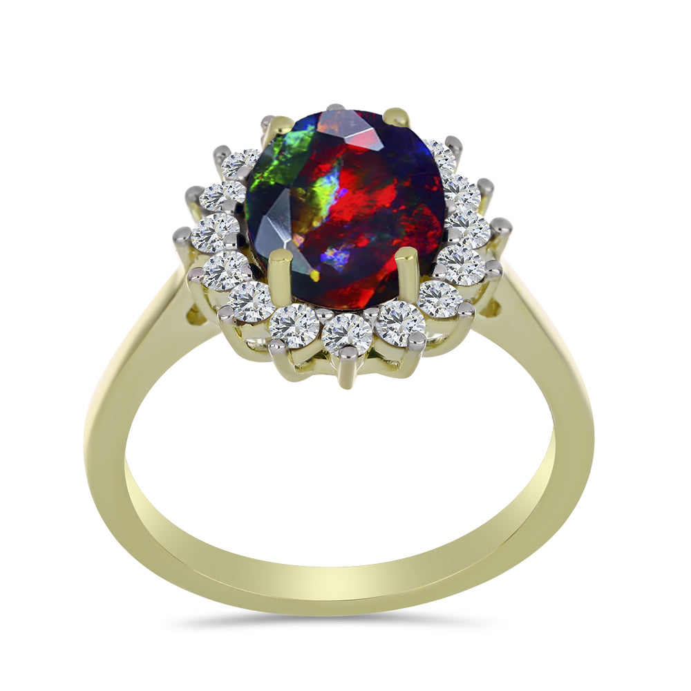 Arannyal Bevont Ezüst Gyűrű Lega Dembi Éjfekete Etiópiai Opállal és Fehér Topázzal