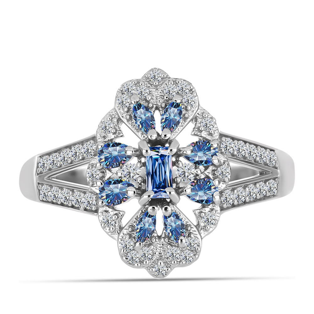 Ezüst Gyűrű Óceánkék Moissanite-tal és Fehér Topázzal