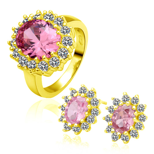 Arany Bevonatú Szett Rózsaszínű Emporia® Kristállyal (Fülbevaló+Gyűrű)