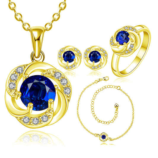 Arany Bevonatú Szett Kék Emporia® Kristállyal (Nyaklánc+Fülbevaló+Karkötő+Gyűrű)