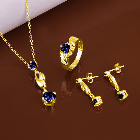 Arany Bevonatú Szett Kék Emporia® Kristállyal (Nyaklánc+Fülbevaló+Gyűrű)