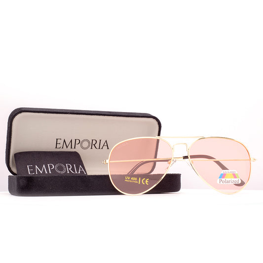 Emporia Italy - Pilóta Napszemüveg "CANDY", polarizált UV szűrős napszemüveg tokkal és tisztítókendővel, rózsaszín lencsék, arany színű keret