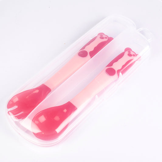 Hőérzékelős babakanál és villa készlet, hajlítható, BPA mentes, színe: rózsaszín
