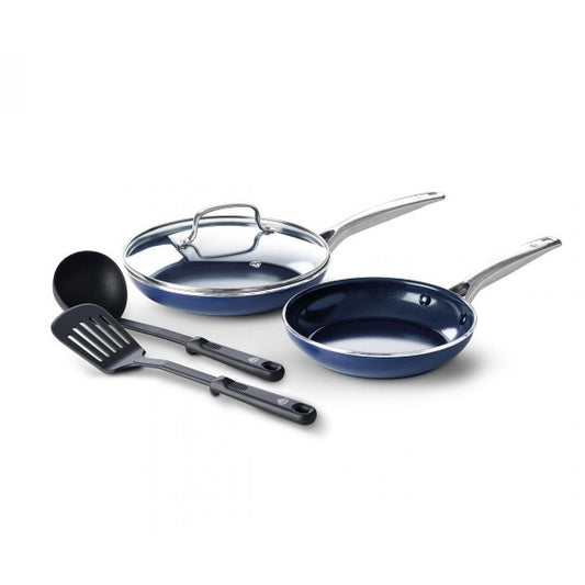 Blue Diamond 3 (5) pcs kitchenware set: open frypan 20 cm + frypan with lid 24 cm + ladle + slotted turner - Ékszer TV