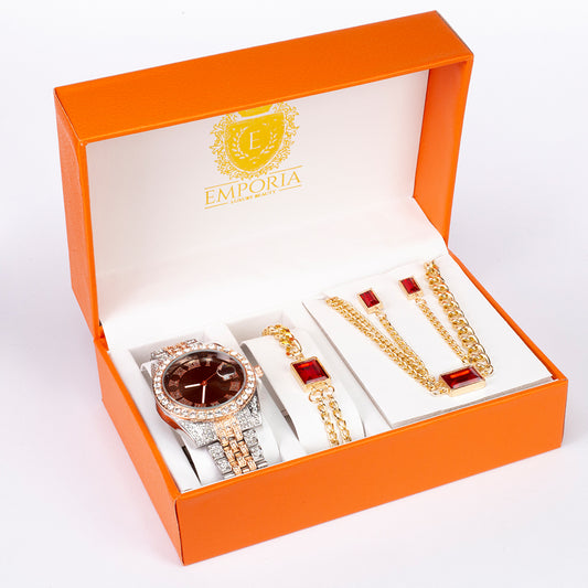 EMPORIA fashion set collection 2023, set of gold tone watch, bracelet, necklace, earrings, with red stones