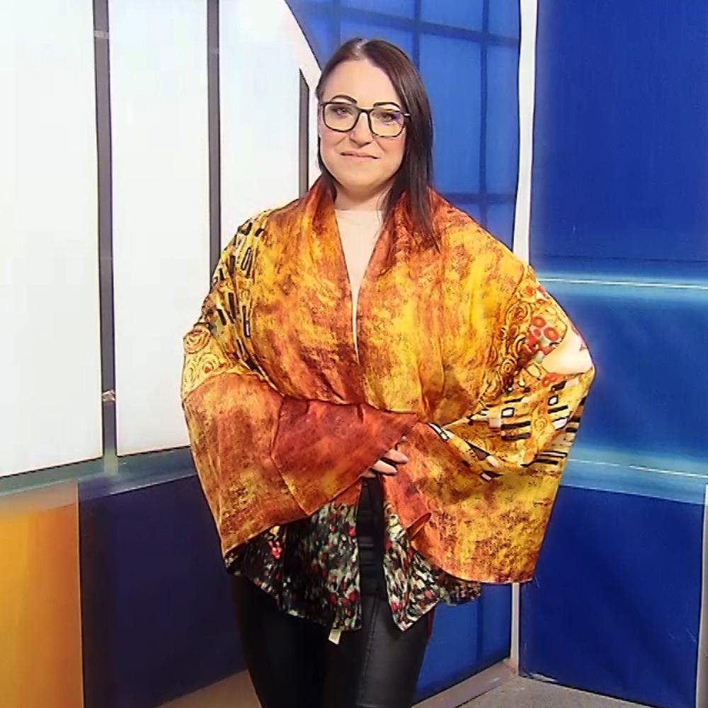 100% Valódi Selyem Sál-Kendő, 90 cm x 180 cm, Klimt - The Kiss festmény mintás - Ékszer TV