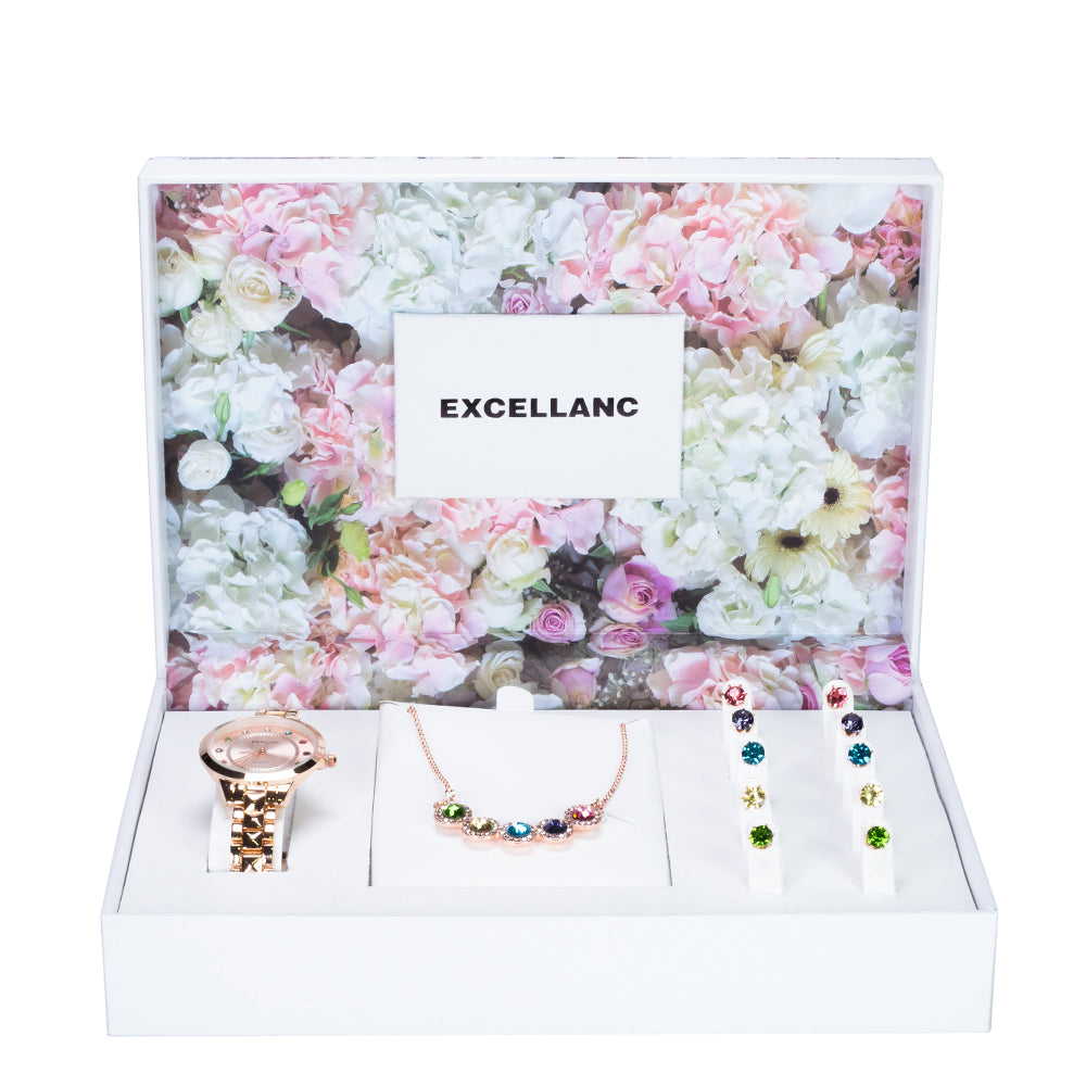 Excellanc Női ajándék Óraszett 5 pár fülbevalóval és 1 nyaklánccal, Többszínű Emporia kristályokkal, Rózsaarany színű