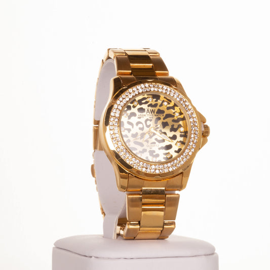 AW arany színű női óra leopárd mintás számlappal és kvrackristályokkal - Ékszer TV