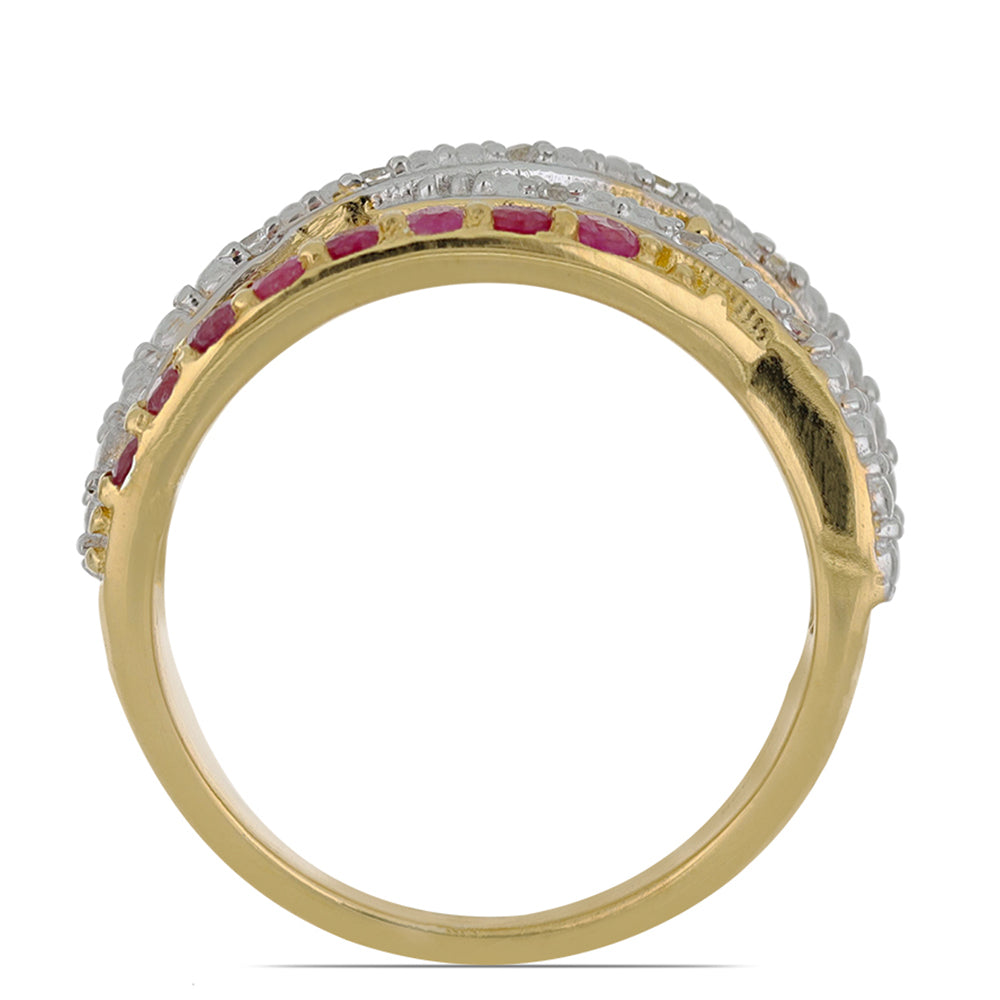 Arannyal Bevont Ezüst Gyűrű Madagaszkári Rubinnal és Természetes Fehér Cirkónnal