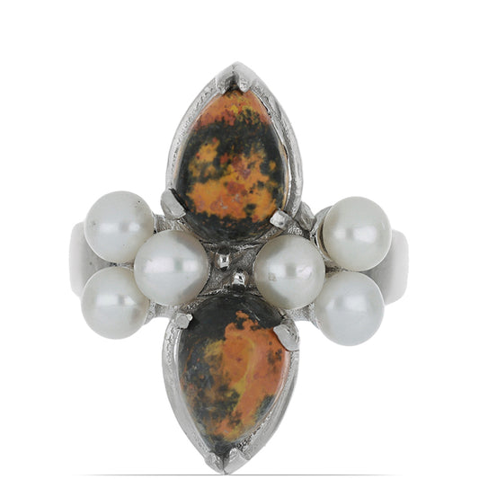 Ezüst Gyűrű Martapura "Bumble Bee" Jáspissal és Fehér Édesvízi Tenyésztett Gyönggyel