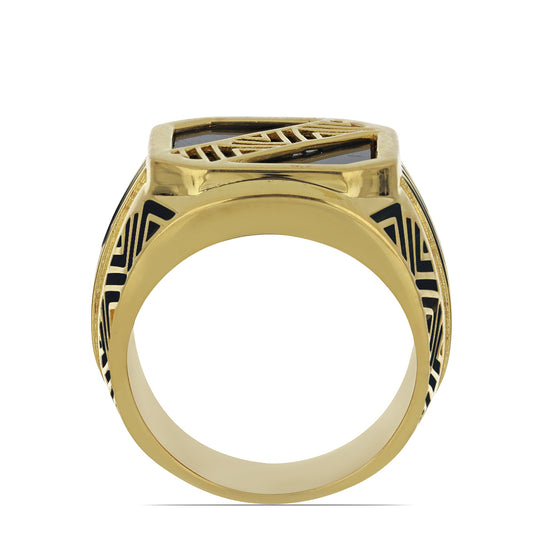 Arannyal Bevont Ezüst Gyűrű Suwari Fekete Onixszal